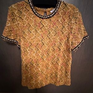 Classic Multi Colored Boucle looking top with pearl & gold link accents